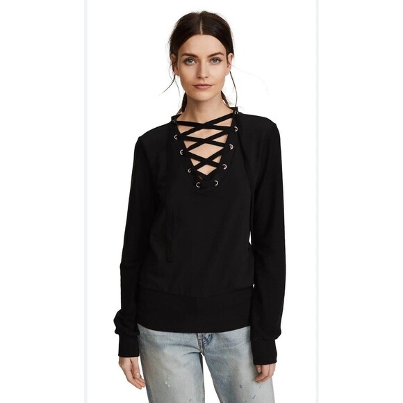 L’AGENCE Top Josilyn Lace Up Terry Sweatshirt Black Size S Casual Office Chic - Picture 1 of 8